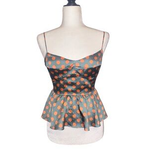 Zara Polka Dot Peplum Cami Top - Green with Orange Dots